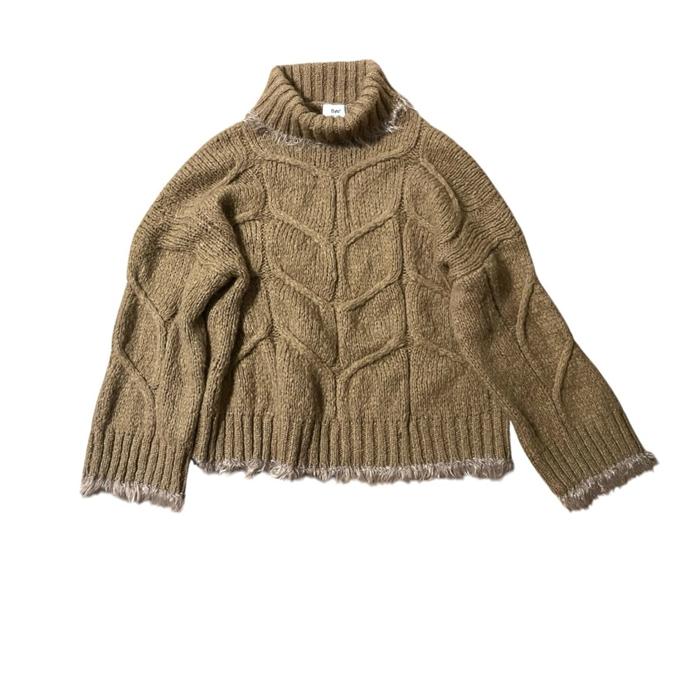 Taupe Cable-Knit Turtleneck or Funnelneck Sweater - Large Wool & Mohair EUC